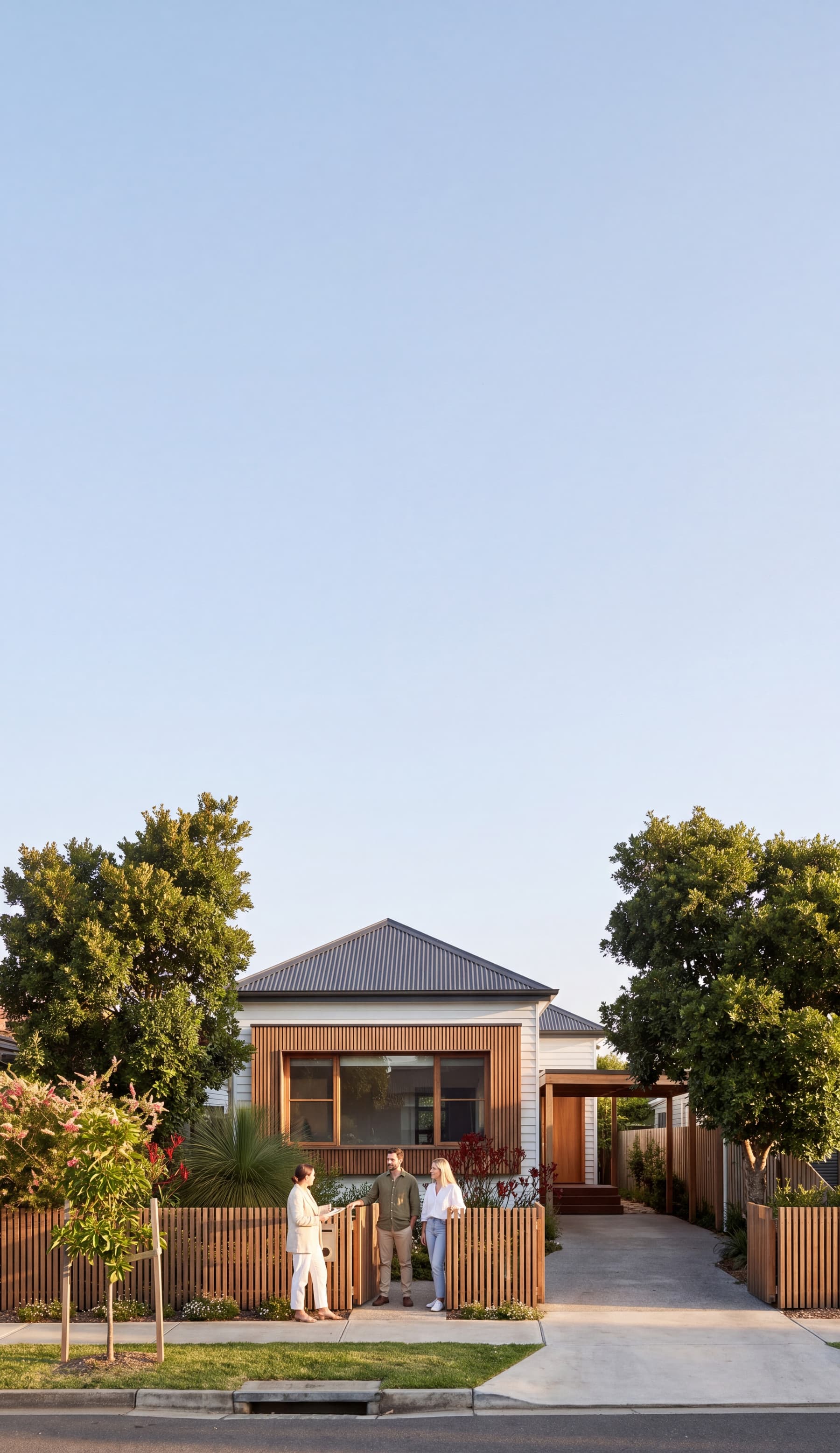 A property manager meeting two tenants outside a brick and timber home in coastal heath